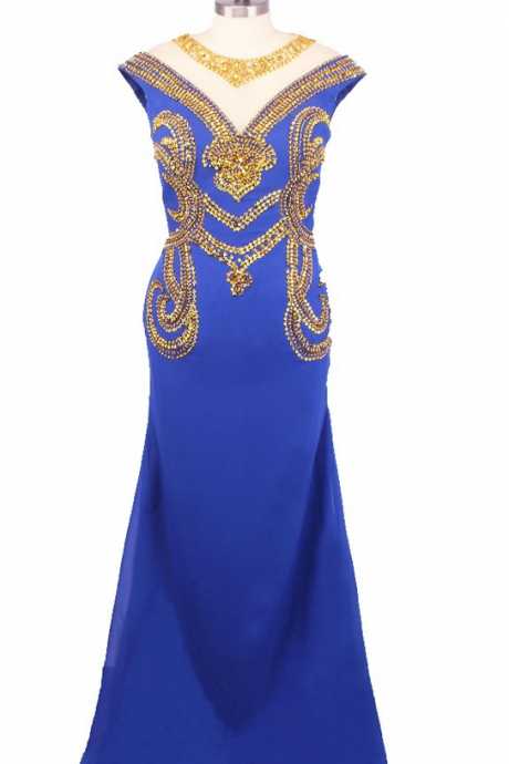 Luxury Royal Chiffon Blue Bead Long Mermaid Evening Dresses Cap Sleeves Prom Gown