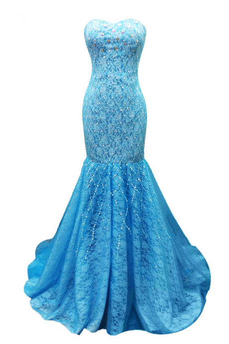 Long Blue Tulle Lace Beaded Evening Dresses Charming Mermaid Vestido De Festa Sweetheart Prom Party Gowns