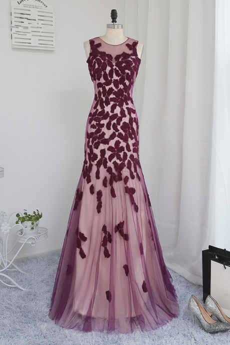 Wine Red Evening Dresses Mermaid Tulle Appliques Lace See Through Long Evening Gown Prom Dress Prom Gown