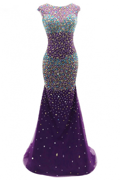 Long Mermaid Purple Tulle Colorful Beaded Evening Dresses Vestido De Festa Scoop Prom Party Gowns