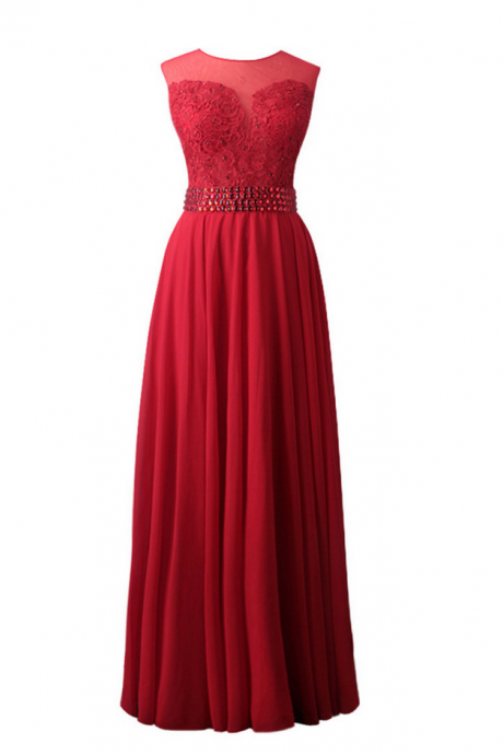 Long A-line Chiffon Evening Dresses Lace Top Bead Back See Through Prom Party Gown