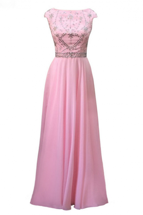 Luxury Long A-line Pink Chiffon Evening Dresses Beads Top Cap Sleeves Sexy Prom Party Gown