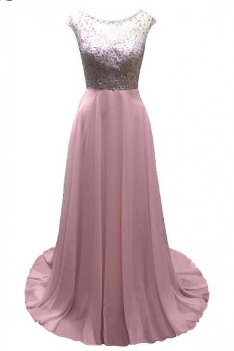 Luxury Long A-line Light Pink Chiffon Beaded Evening Dresses Cap Sleeves Prom Party Gown