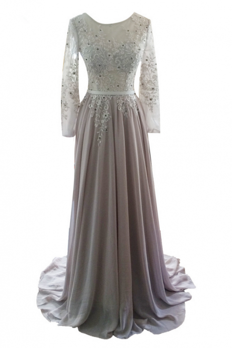 Long A-line Gray Chiffon Appliques Beaded Evening Dresses Long Sleeves Prom Party Gown