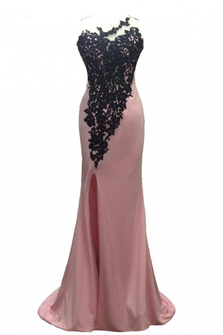 Long Mermaid Pink Chiffon Black Appliques Evening Dresses Backless Vestido De Festa Prom Party Gowns