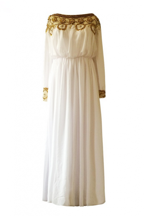 Luxury Ivory Chiffon Hand Made Gold Beads Evening Dresses Vestido De Festa A-line Long Sleeves Prom Gown