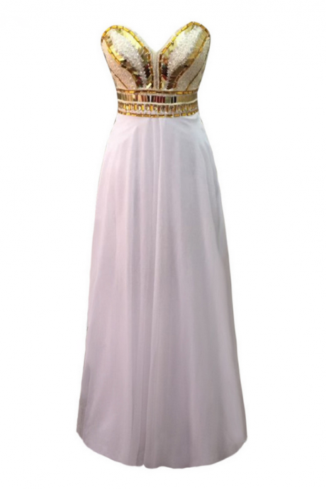 Luxury Long A-line White Chiffon Evening Dresses Beads Top V-neck Strapless Prom Party Gown