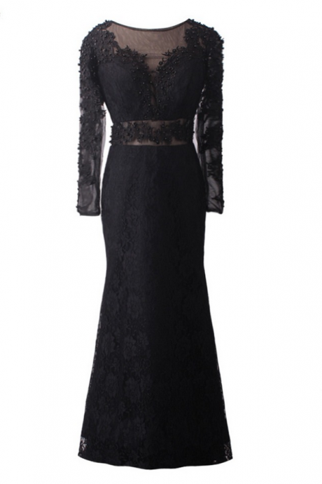 Luxury Black Lace Appliques Pearls Long Evening Dresses Mermaid Long Sleeves Lady Prom Gown