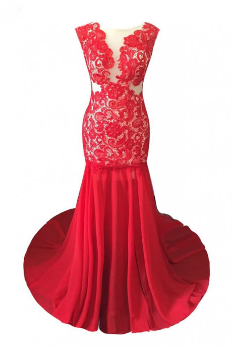 Luxury Long Mermaid Red Chiffon Lace Evening Dresses Cap Sleeves Low Back Prom Party Gown