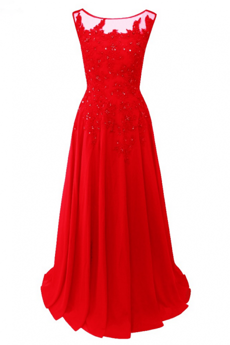 Luxury Red Chiffon Appliques Bead Long A-line Evening Dresses Cap Sleeves Prom Gown