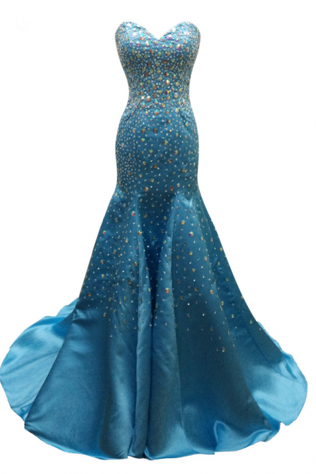 Long Mermaid Blue Satin Beaded Evening Dresses Charming Vestido De Festa Luxury Court Train Prom Party Gowns