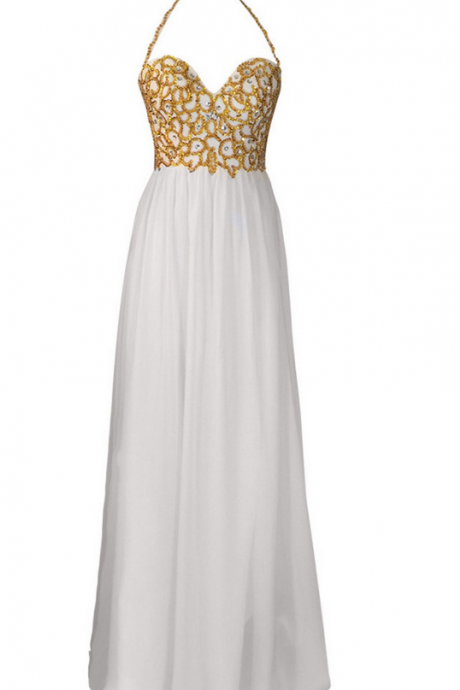 Luxury Long A-line White Chiffon Gold Beads Evening Dresses Low Back Prom Party Gown