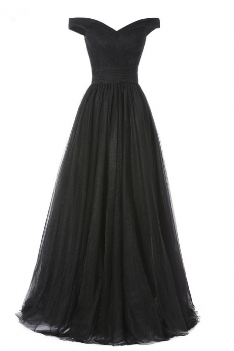 A-line Long Black Tulle Pleats Evening Dresses Sexy Sweetheart Vestido De Festa Prom Party Gown