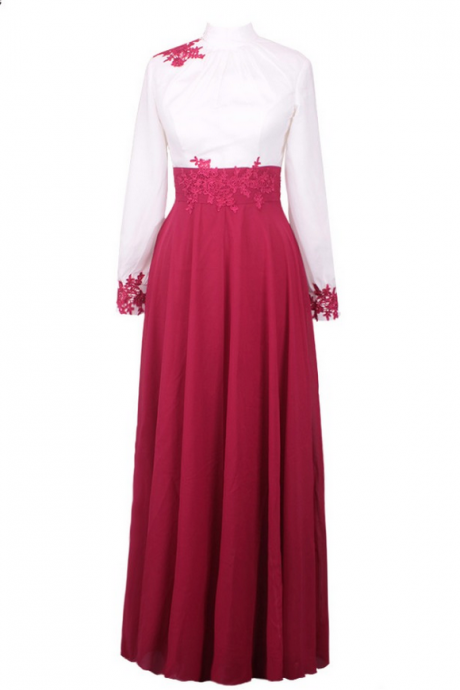 Luxury Burgundy Chiffon Appliques Muslim Evening Dresses Sexy Long Sleeve Lady Prom Gown