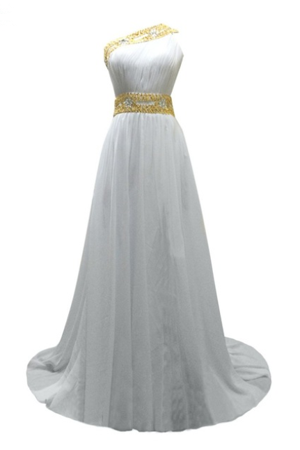 Luxury White Chiffon Pleats Gold Beaded Evening Dresses Vestido De Festa Long One Strap A-line Prom Gown