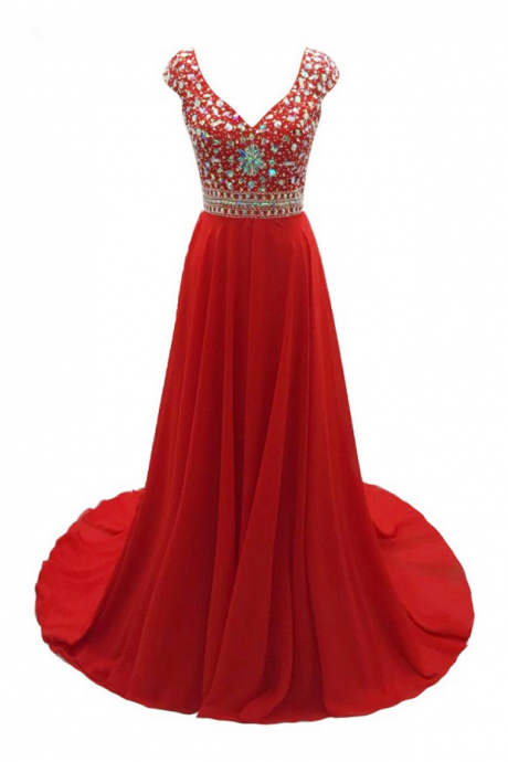 Long A-line Red Chiffon Beaded Evening Dresses Sweetheart Short Sleeves Charming Prom Party Gowns