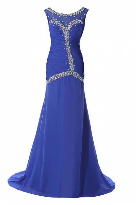 Luxury Long Mermaid Royal Blue Chiffon Beaded Evening Dresses Cap Sleeves Prom Party Gown