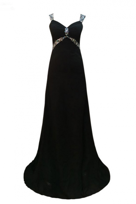 Luxury Long A-line Black Chiffon Evening Dresses Beaded Top Backless Straps Prom Party Gown