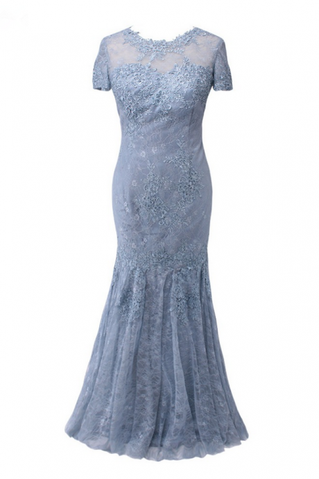 Silver Gray Lace Appliques Prom Dress Luxury Mermaid Short Sleeves Party Evening Gown
