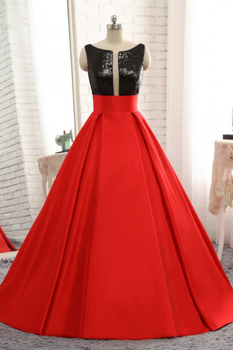 Red Prom Dress Luxury Satin Black Sequins Top Ball Gown Sexy V-back Prom Party Gown
