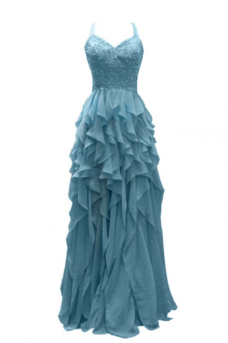 Long A-line Blue Chiffon Beaded Prom Dresses Backless Sweetheart Zip Elegant Party Gown