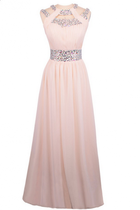 Rose Pink Chiffon Pleats Beaded Prom Dress Luxury A-line Party Evening Gown