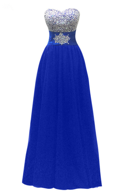 Long Royal Blue Tulle Beaded Prom Dresses A-line Elegant Zip Graduation Party Gown
