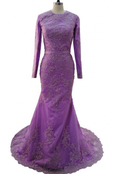 Purple Satin Tulle Appliques Prom Dresses Luxury Long Sleeves Mermaid Prom Party Gown