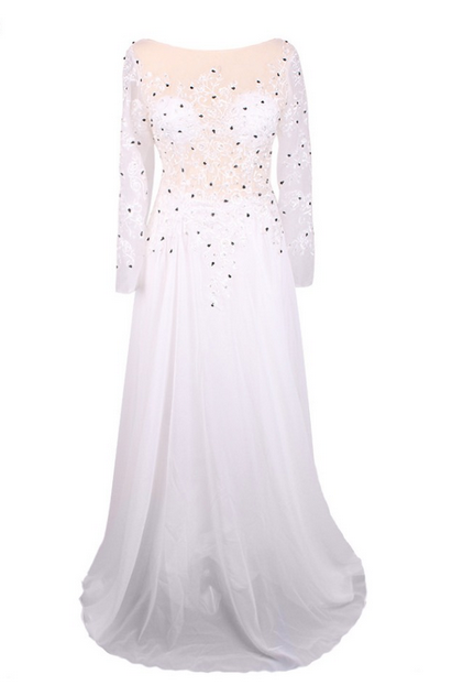 White Chiffon Appliques Beaded Prom Dresses Luxury A-line Long Sleeves Prom Party Gown