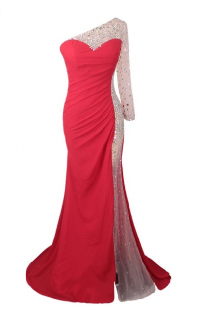 Red Chiffon Beaded Prom Dress Luxury Mermaid One Long Sleeves Party Evening Gown