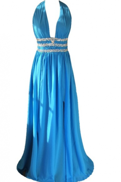Blue Chiffon Pleats Beaded Prom Dresses Elegant Luxury A-line Backless V-neck Party Gown