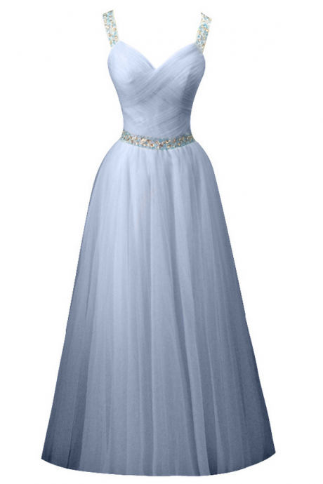 Long Light Blue Tulle Pleats Beaded Prom Dresses A-line Cross Back Party Gown