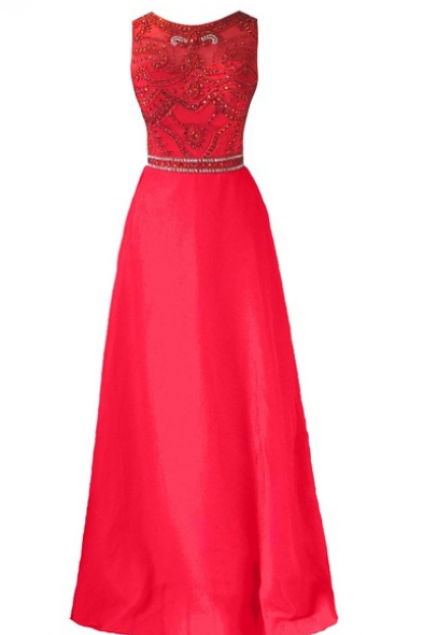 Rose Red Chiffon Beaded Top Prom Dresses Elegant Luxury A-line Sweep Train Party Gown
