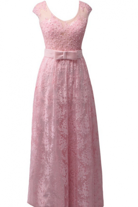 Pink Lace Appliques Pearls Prom Dress Luxury A-line Cap Sleeves Party Evening Gown