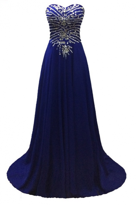 Royal Blue Chiffon Beaded Prom Dresses Elegant Luxury A-line Strapless Party Eveninggown
