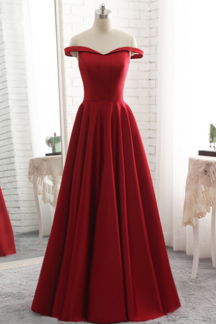 Burgundy Satin Off-the-shoulder Floor Length Ball Gown, Prom Frees, Formal Dress