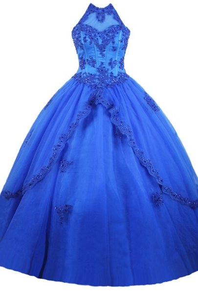 Royal Blue Tulle Appliques Beaded Prom Dress Luxury Ball Gown Strapless Prom Party Gown