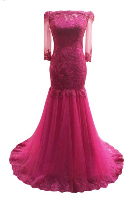 Rose Red Tulle Appliques Long Prom Dress Luxury Long Sleeves Evening Party Gown