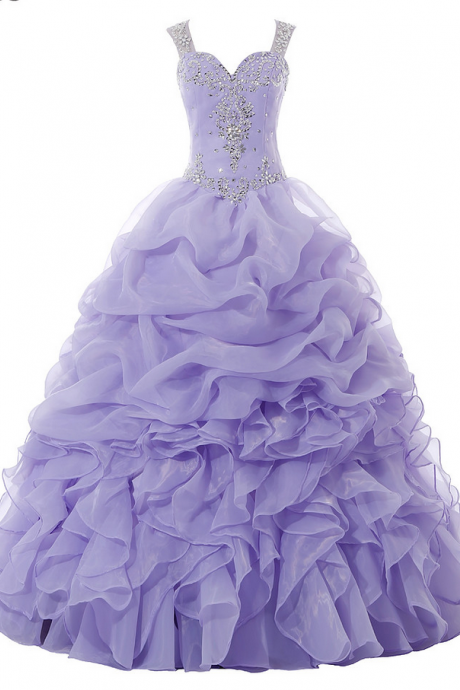 Prom Dresses Ball Gowns Long Organza Beaded Catch Bubble Cap Sleeves Sweet Dresses