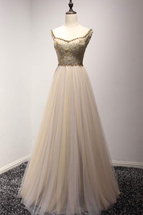 Elegant Embroidery Long Evening Dresses Beading Pearls Spaghetti Strap Formal Dress