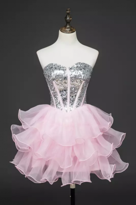 Lovely Pink Mini Sequins Party Dresses, Pink Short Formal Dresses, Adorable Prom Dresses