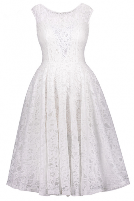 Lace Homecoming Dresses White Scoop Neck Sleeveless Knee Length A Line Dress Back Bowknot Cocktail Short Homecoming Gown