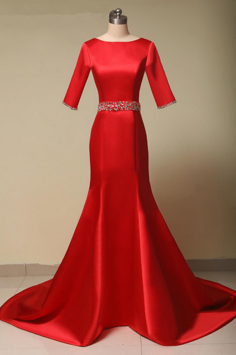 Noite Red Satin Mermaid Long Evening Dresses With Sleeves