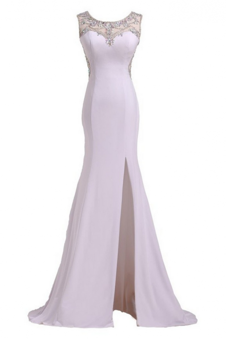 Sexy Split White Satin Backless Dress Evening Dresses With Rhinestones