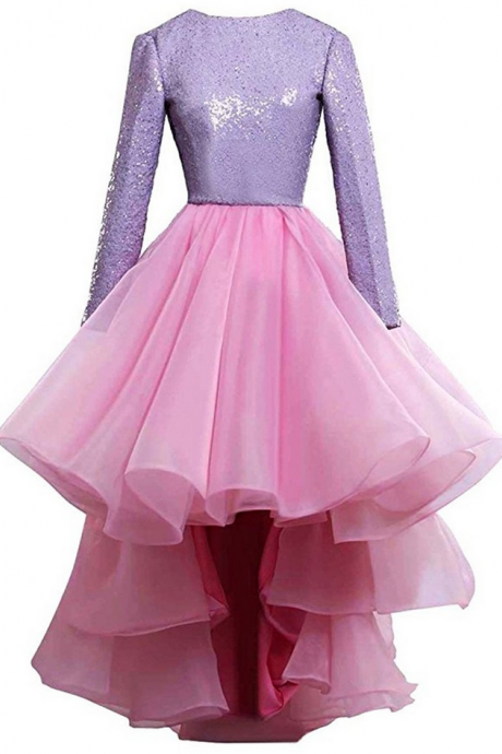 High Low Prom Dresses Robes De Soiree Fashion Pink Orgnza Long Sleeved Evening Dresses