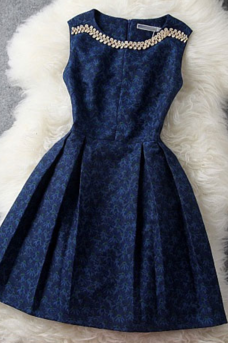 High Quality Blue Short Rhinestone Embroidered Women Dresses, Navy Blue Summer Women Dresses