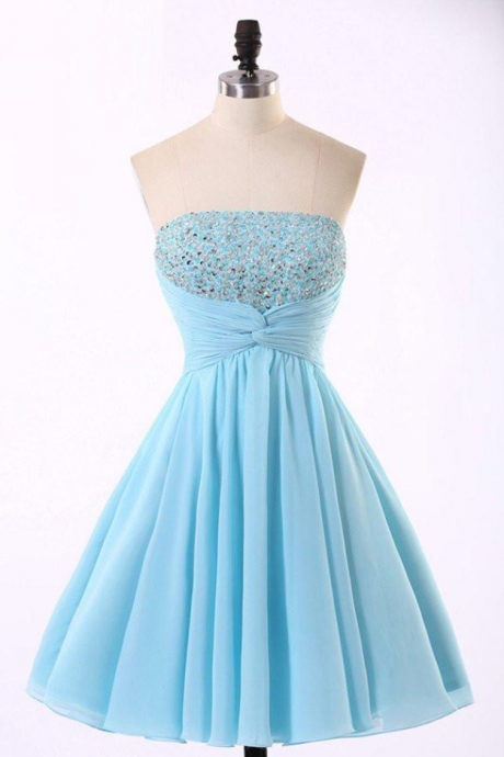 Light Blue Handmade Sequins Short Prom Dresses, Chiffon Homecoming Dresses, Cute Prom Dresses
