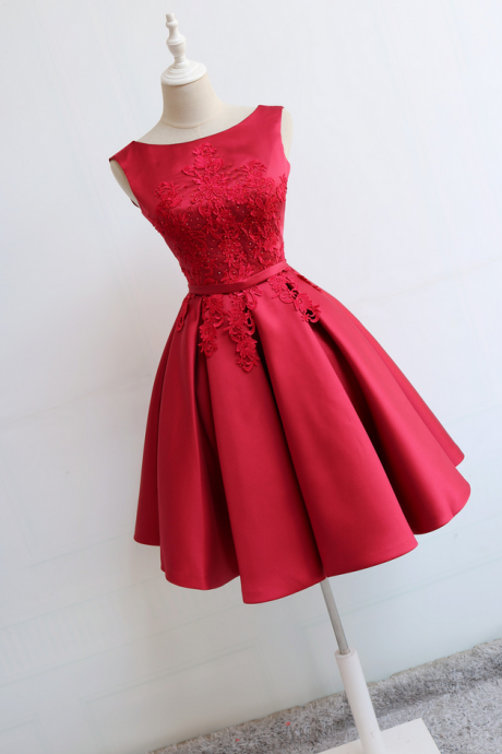 Red Round Neckline Short Satin Party Dresses, Red Formal Dresses, Party Dresses For