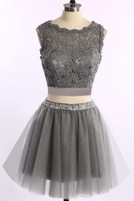 Grey Two Piece Homecoming Dresses, Lace And Tulle Prom Dresses, Cute Formal Dresses