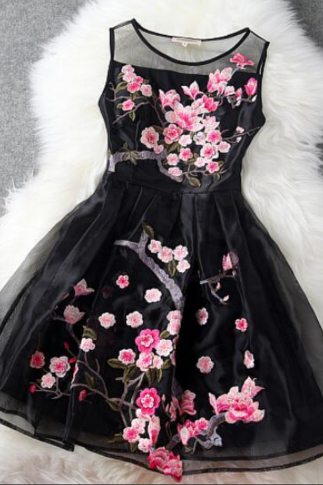 Black Organza Floral Women Dresses, Homecoming Dresses, Organza Summer Dresses